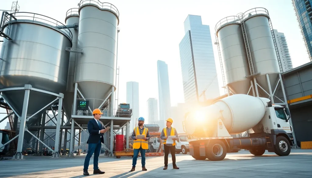 concrete batching plant with workers at a chicago construction site