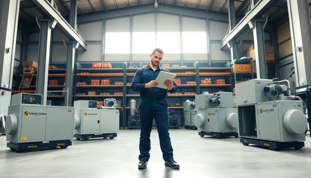technician with top air compressors in a modern brisbane industrial warehouse