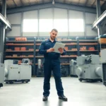 technician with top air compressors in a modern brisbane industrial warehouse