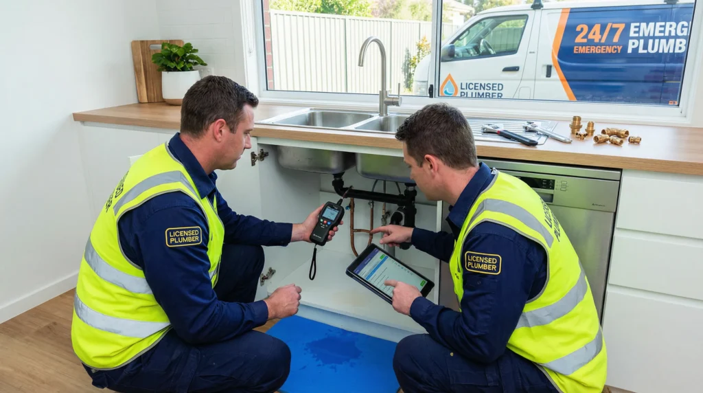 professional plumbers repairing burst pipe in a modern australian kitchen