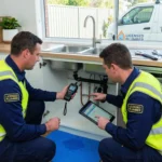 professional plumbers repairing burst pipe in a modern australian kitchen